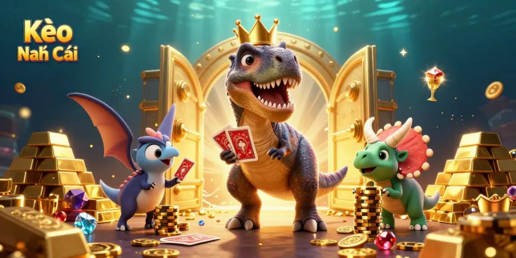 Kèo Nhà Cái showcases a friendly T-Rex shuffling cards with a pterodactyl, symbolizing fun gambling.