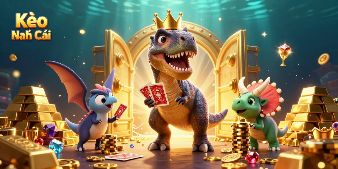 Kèo Nhà Cái showcases a friendly T-Rex shuffling cards with a pterodactyl, symbolizing fun gambling.