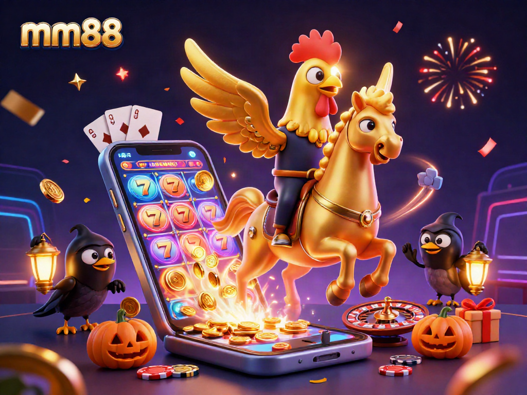 mm88's vibrant gaming scene showcases a golden rooster in a casino atmosphere.
