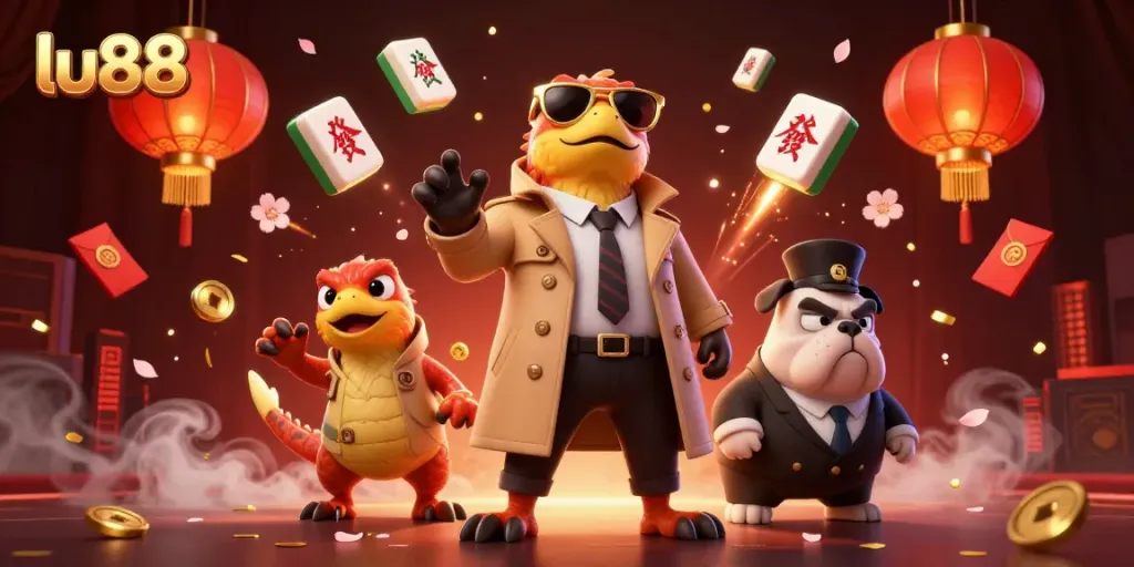 Experience thrilling gaming action at lu88 with cartoon raptors sneaking into a VIP casino lounge.