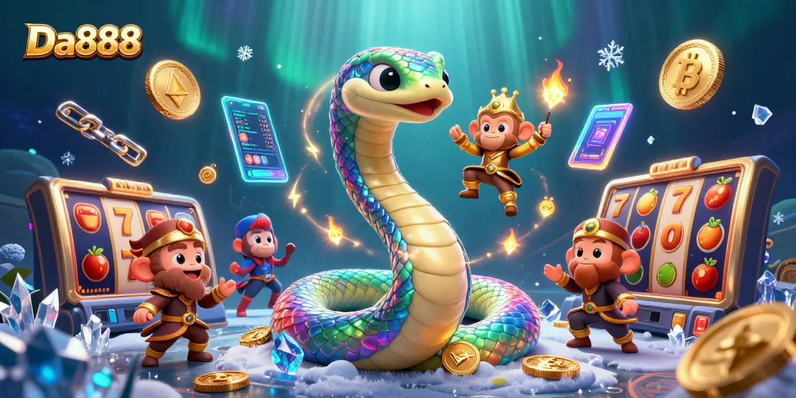 Experience the magic of Da888 with playful characters and vibrant slot game elements.