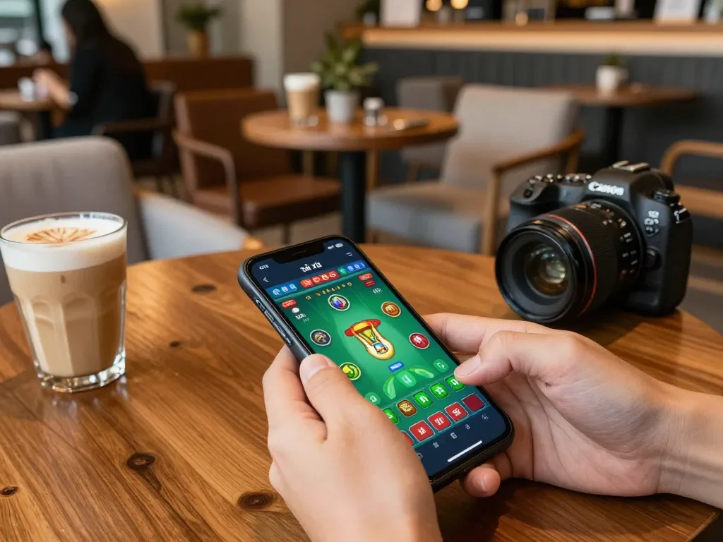 Engaging scene of hands using app tài xỉu on a smartphone, showcasing interactive betting experience in a cozy café.