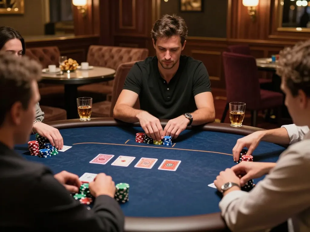 fly88 players strategizing at a poker table, immersed in a high-stakes game atmosphere.