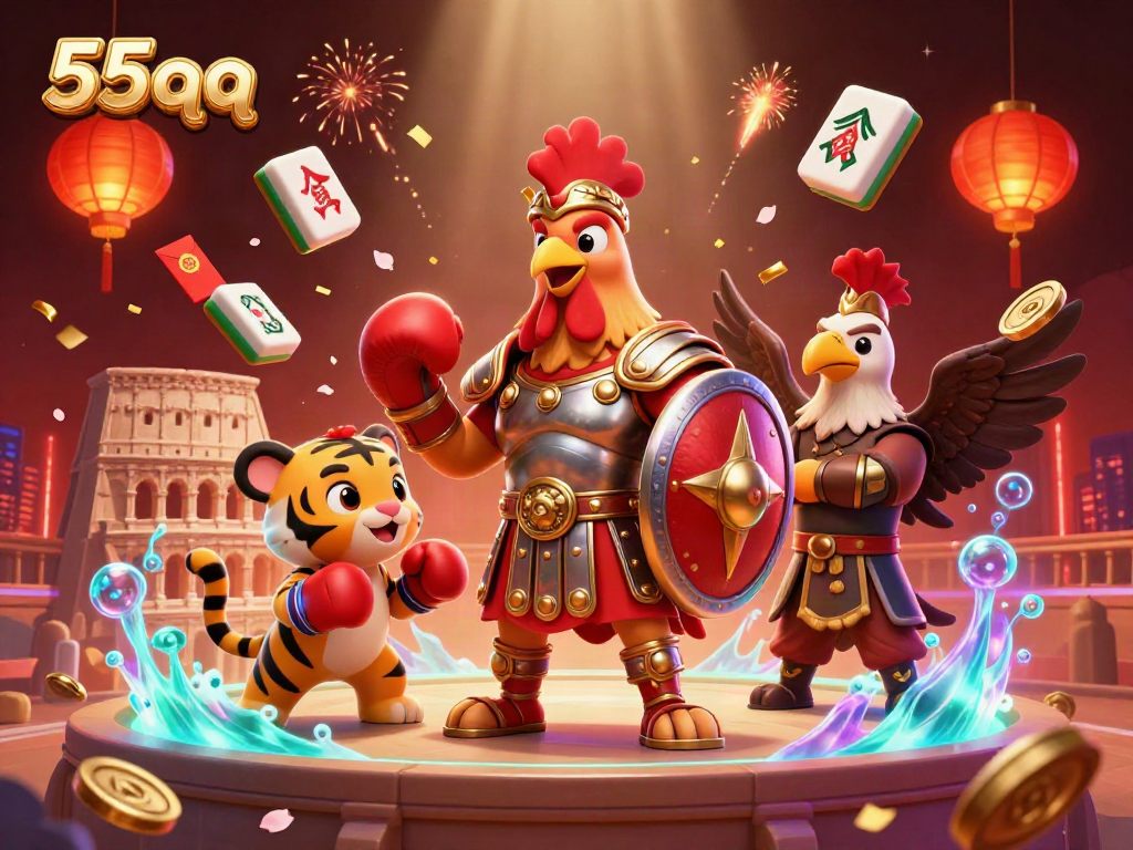Experience the thrill of 55qq with a vibrant illustration featuring a gladiator rooster and casino elements.