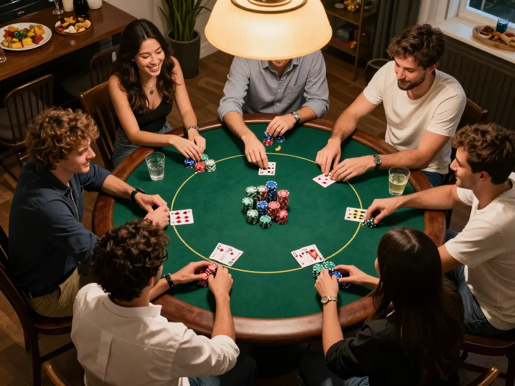 Friends enjoy a poker game at home with 78win com showcasing lively competition and camaraderie.