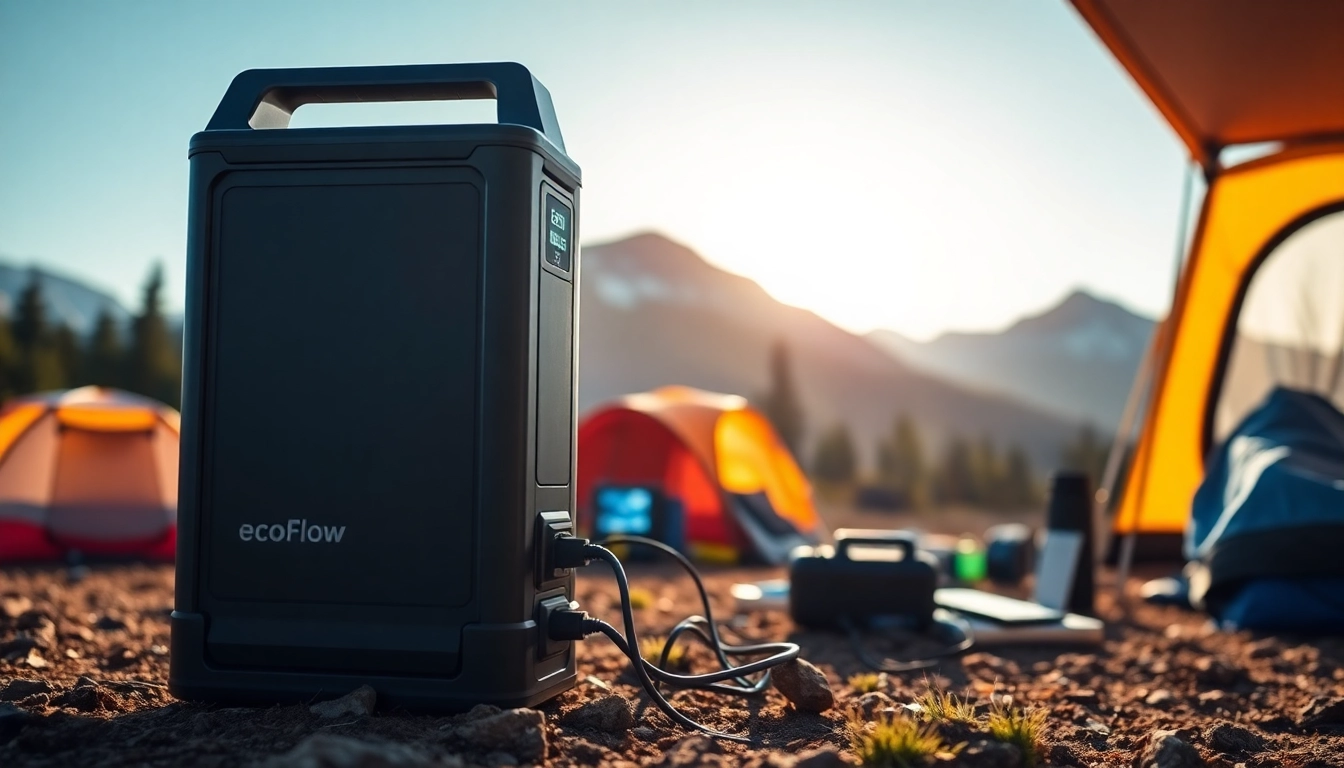 EcoFlow portable power station powering devices in a vibrant camping setting.