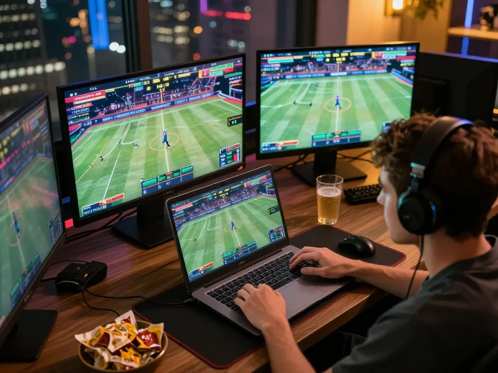 mm88 player engaged in sports betting on a laptop, vibrant live sports displayed