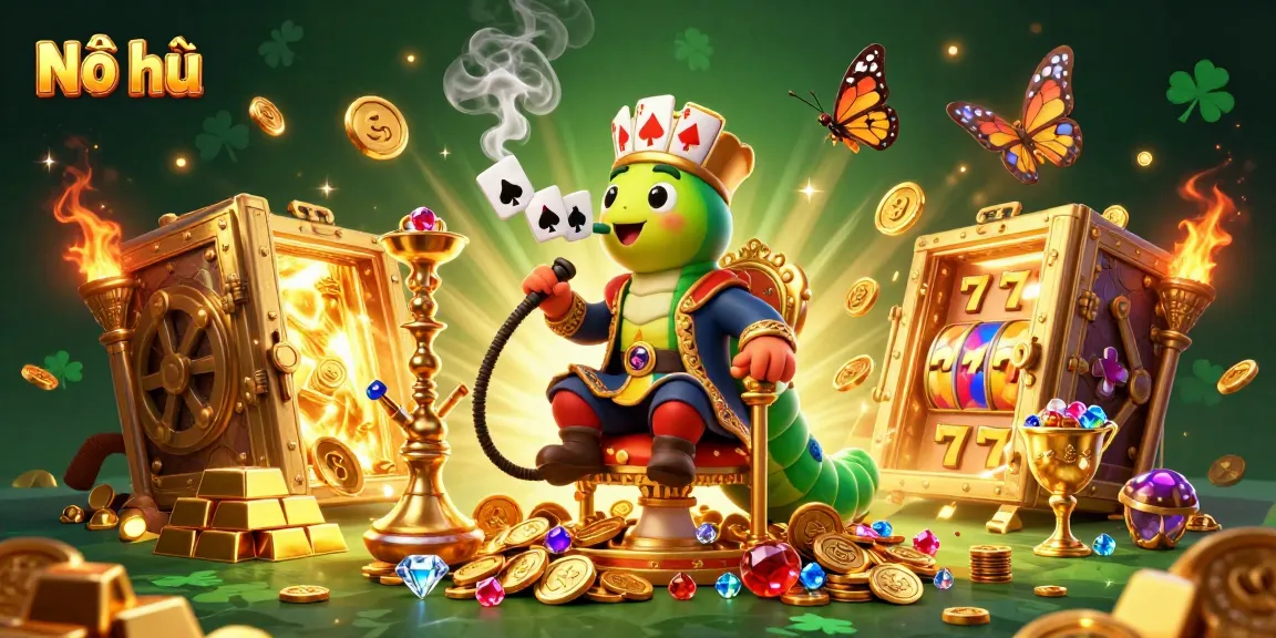 Nổ hũ delights players with an enchanting scene featuring a whimsical caterpillar master amidst rich casino treasures and vibrant symbols.