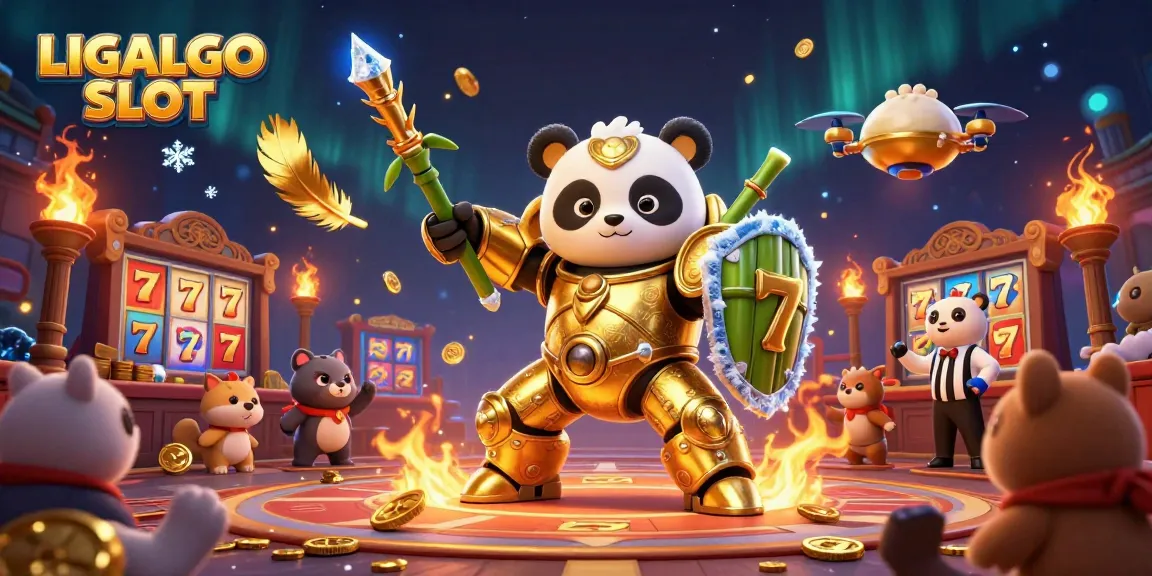 LIGALGO SLOT features a dynamic 3D illustration of a golden panda robot in an exciting casino arena, attracting players with vibrant elements.