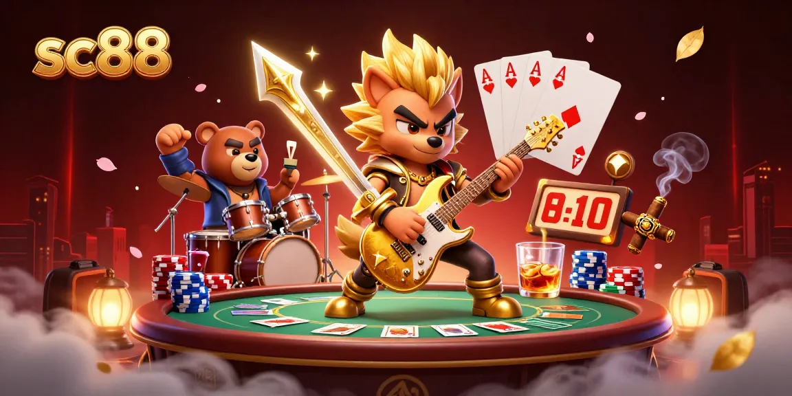 Experience the thrill of sc88 while playing poker at a vibrant casino stage with animated characters.