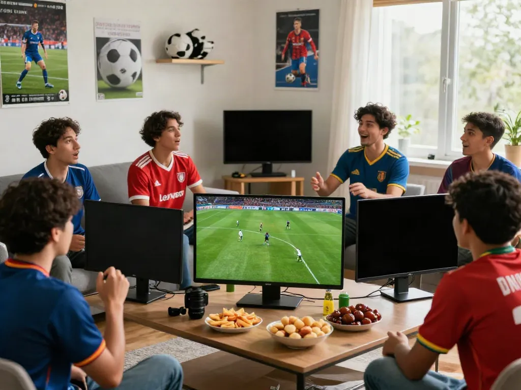 Football fans engaging with https://gavangtv.life/ live match streaming, surrounded by sports memorabilia and snacks.