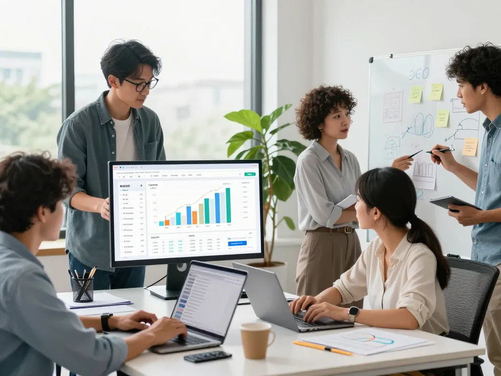Group of professionals collaborating on digital marketing strategies using group buy seo tools in a modern office