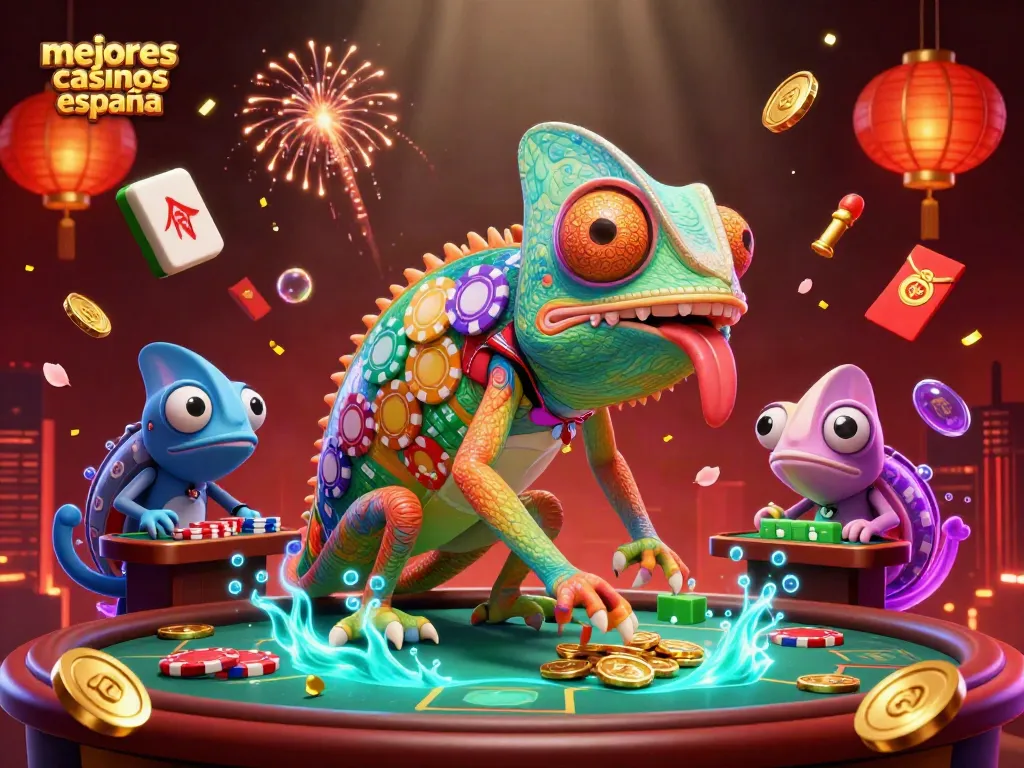 Promociona los mejores casinos en España con un camaleón propietario de casino rodeado de elementos de juego vibrantes.