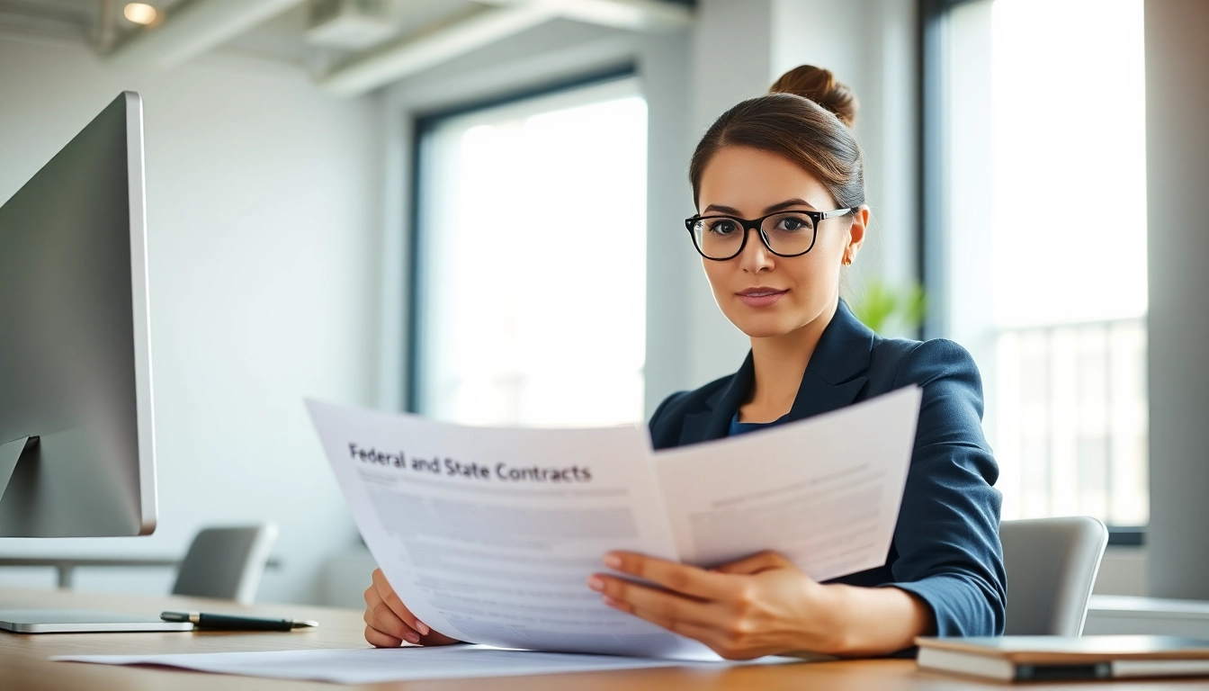Reviewing Federal and State contracts documents in a professional office environment.