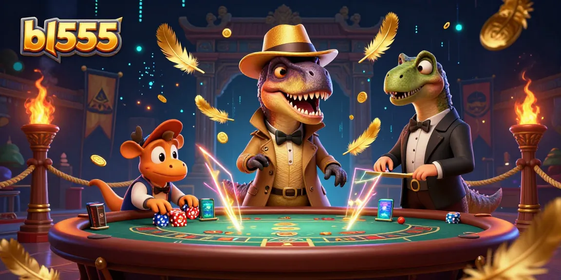 bl555 velociraptor card counter sneaks at blackjack table in vibrant casino setting.