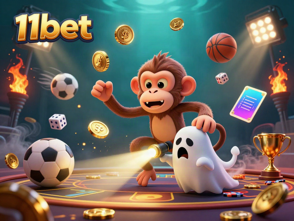 Engage with thrilling moments at 11bet as a poltergeist monkey juggles gold coins in a lively casino scene.