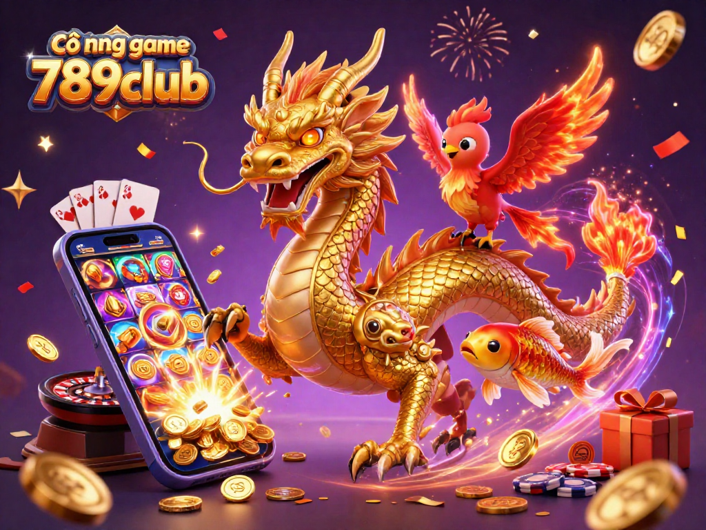 Cổng game 789club celebrates with a golden dragon, phoenix, and koi fish amidst vibrant casino elements.