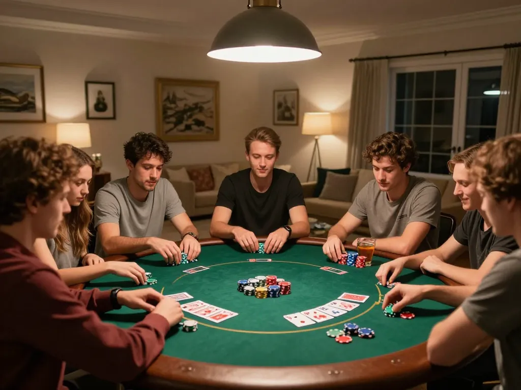 Friends engaged in an exciting poker game at a home setup illustrating OPEN88 COM experience.