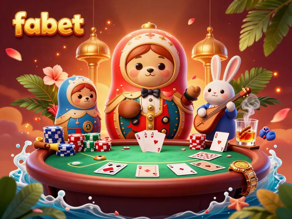 Engage with the vibrant gambling atmosphere at fabet featuring a playful Matryoshka bear and poker elements.