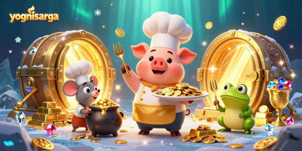 Experience yognisarga's vibrant casino world featuring gold coins, sparkling gems, and animated characters.