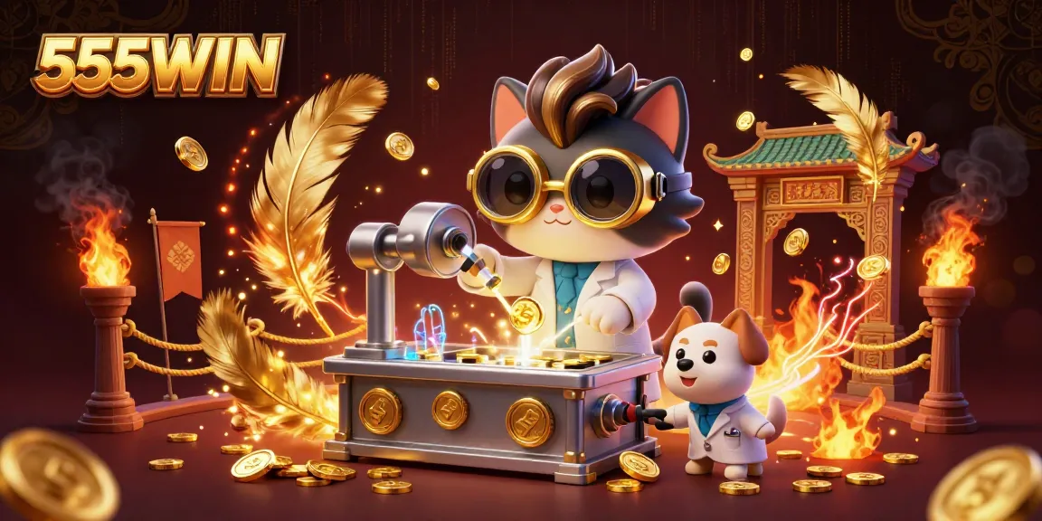 Experience the excitement of casino gaming with 555WIN's vibrant 3D cartoon scene filled with golden coins and sparks.