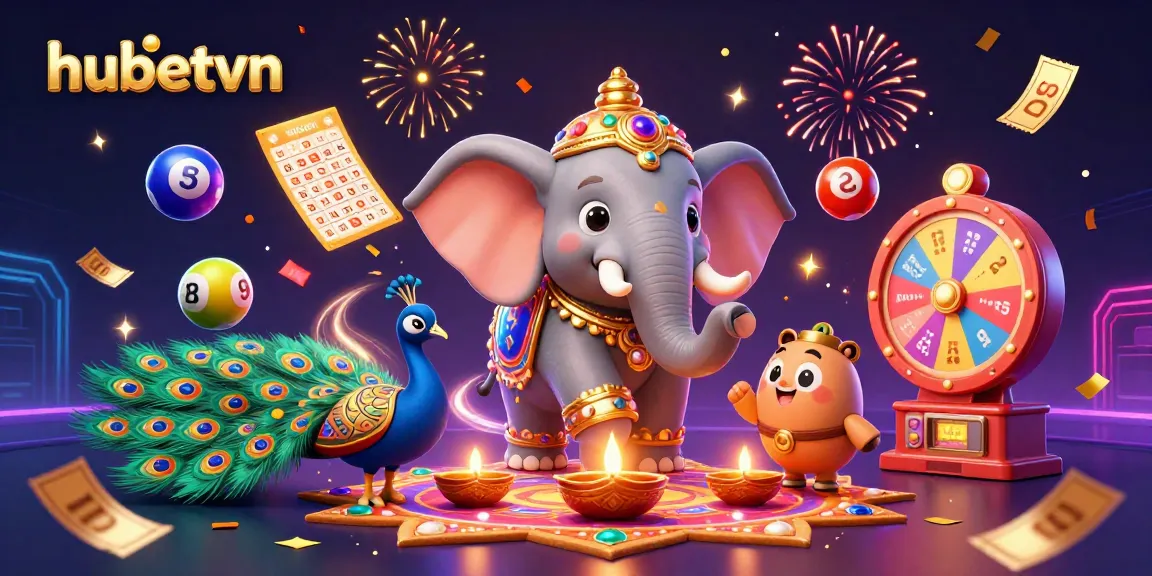 Join the excitement at hubetvn with vibrant lottery elements and festive characters celebrating gambling thrills.