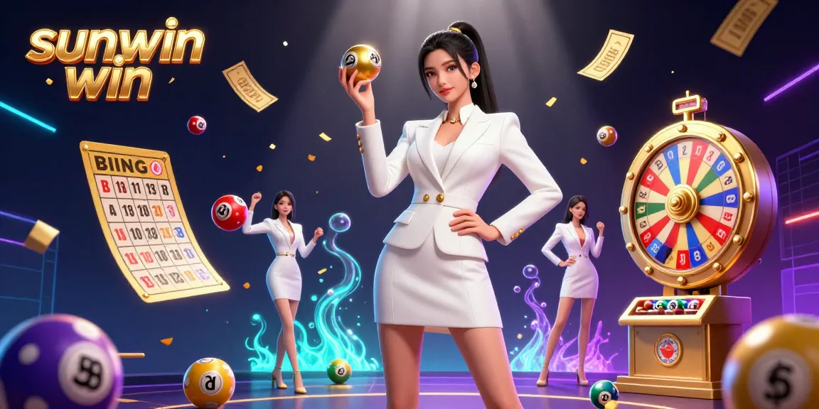 Experience the excitement of sunwin win with a stunning casino-themed illustration featuring vibrant games and golden elements.