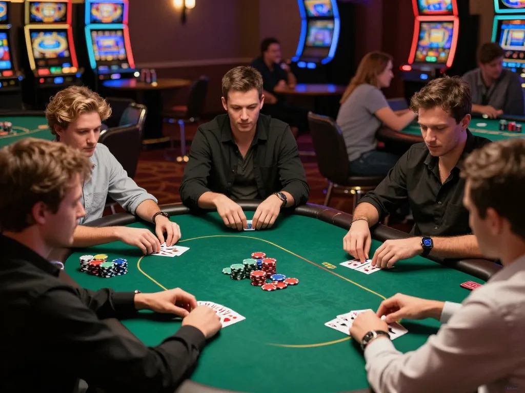 Players engaged in an intense poker game at TR88 casino, showcasing strategic gameplay and camaraderie.