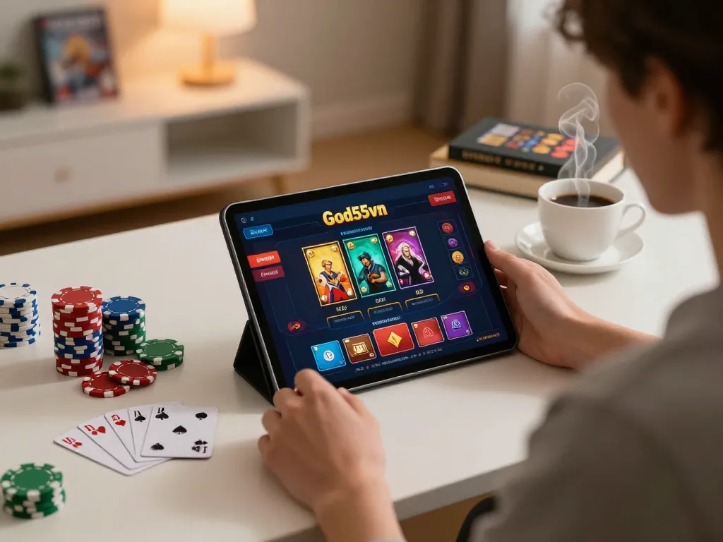 Engaged player using god55vn on tablet while enjoying online casino gaming at home
