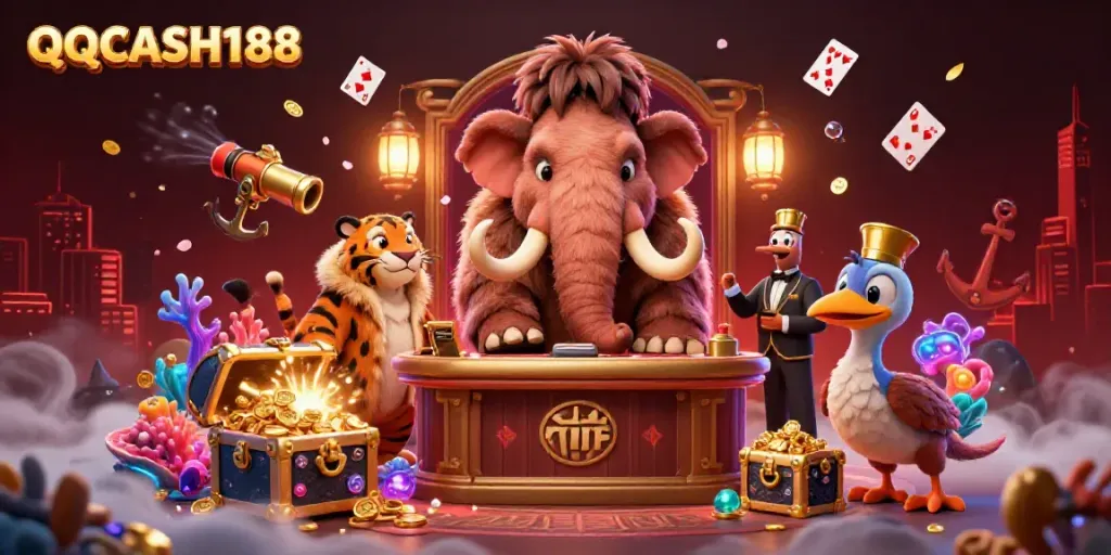 Experience QQCASH188 with the woolly mammoth bouncer welcoming players to a lively casino.