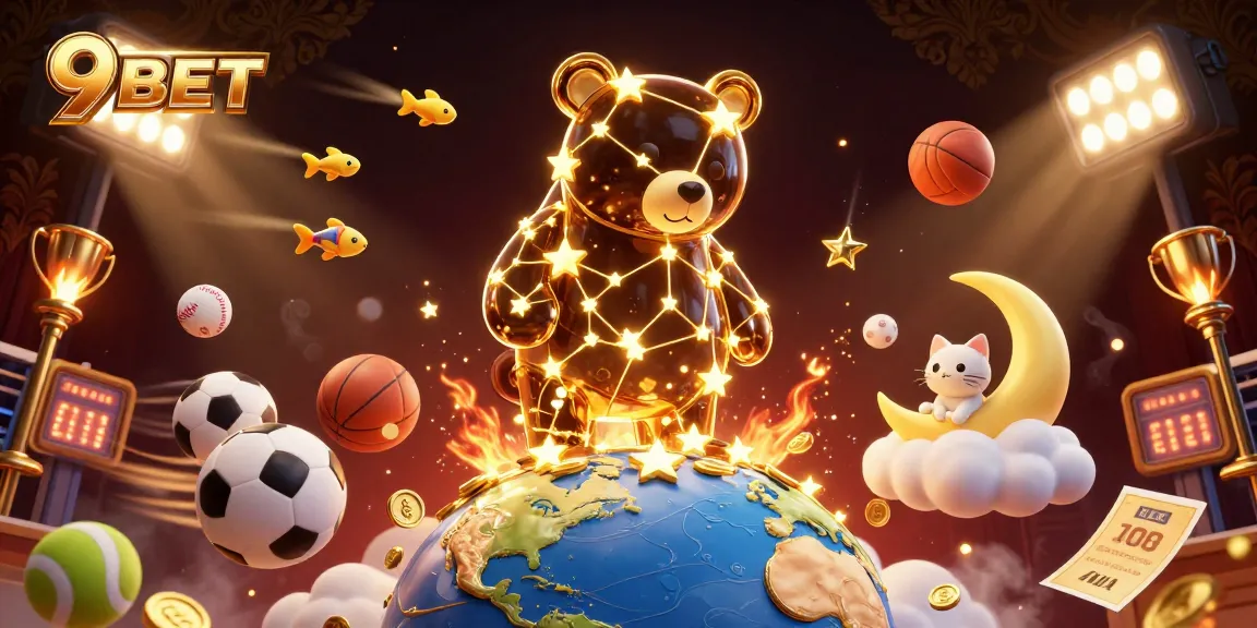 Engage with 9BET's vibrant 3D illustration showcasing a magical casino experience with stars and coins.