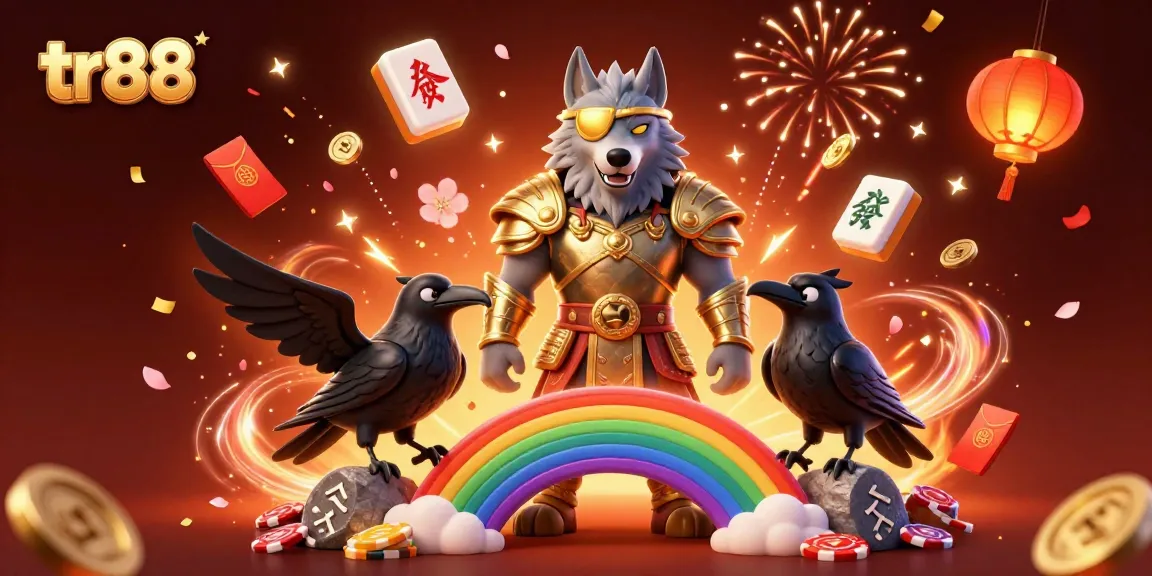 Experience exhilarating gaming with tr88, highlighted by a Norse-inspired wolf and radiant energy in this vibrant casino scene.