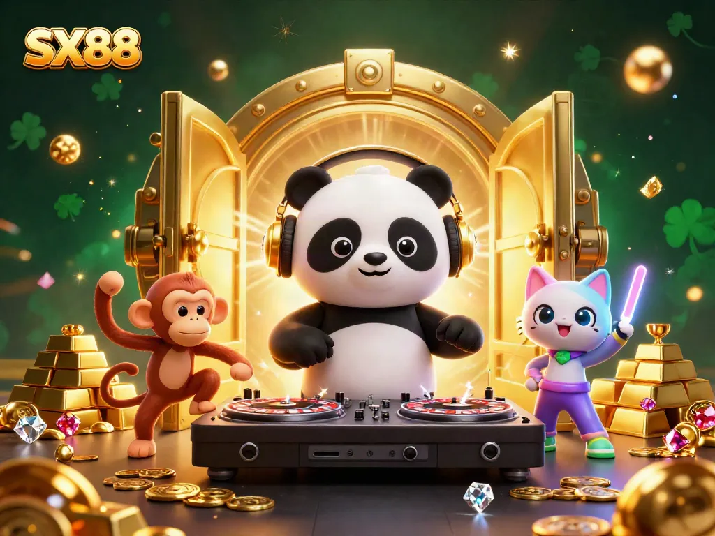 SX88 players spinning roulette and partying with a panda DJ, surrounded by treasure gems and coins