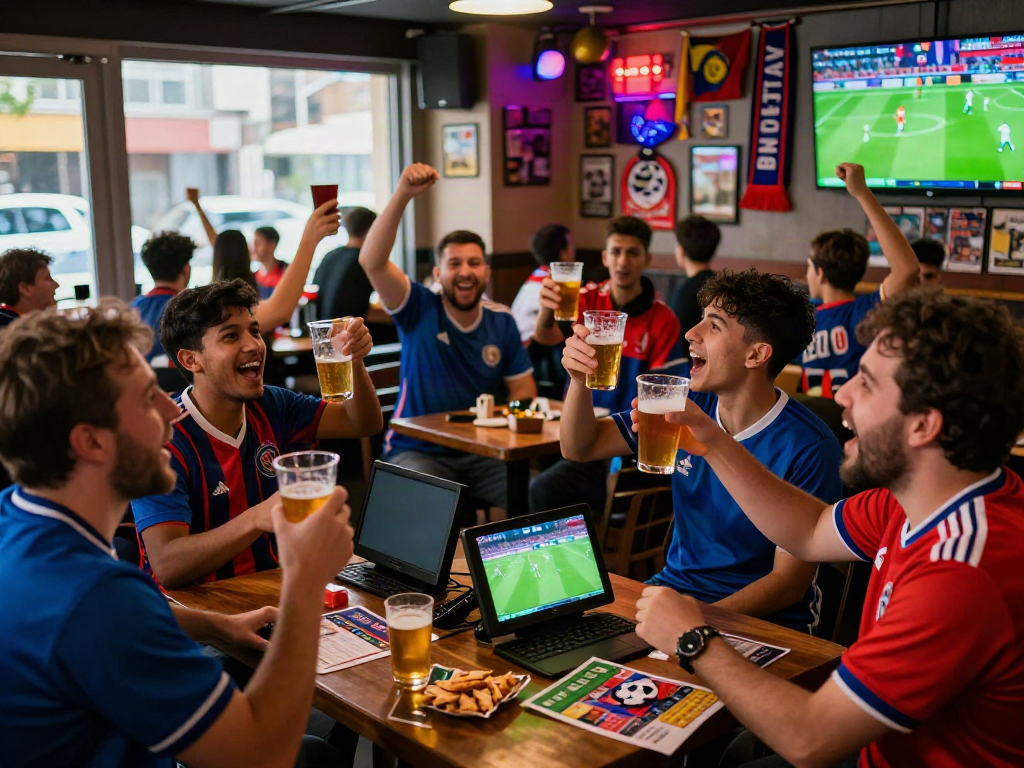 Soccer fans joyously cheering at a sports bar while watching a live match on multiple screens at https://socolivekz.uk.