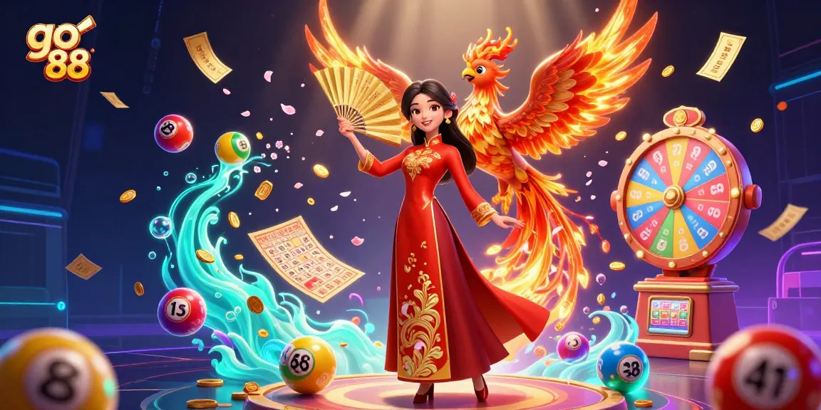 Experience the thrill of go 88 with vibrant lottery elements, a stunning ao dai woman, and a phoenix in a dynamic casino scene.