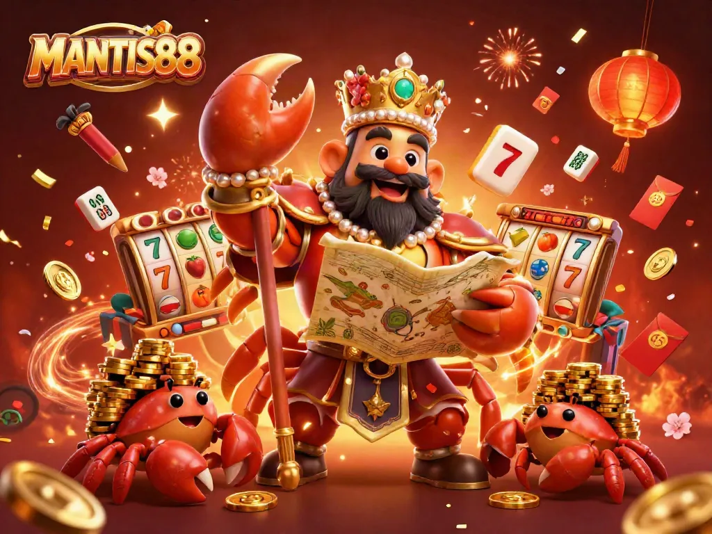 MANTIS88 showcases a vibrant 3D scene featuring a golden crab emperor, surrounded by casino elements like slot reels and jackpots.