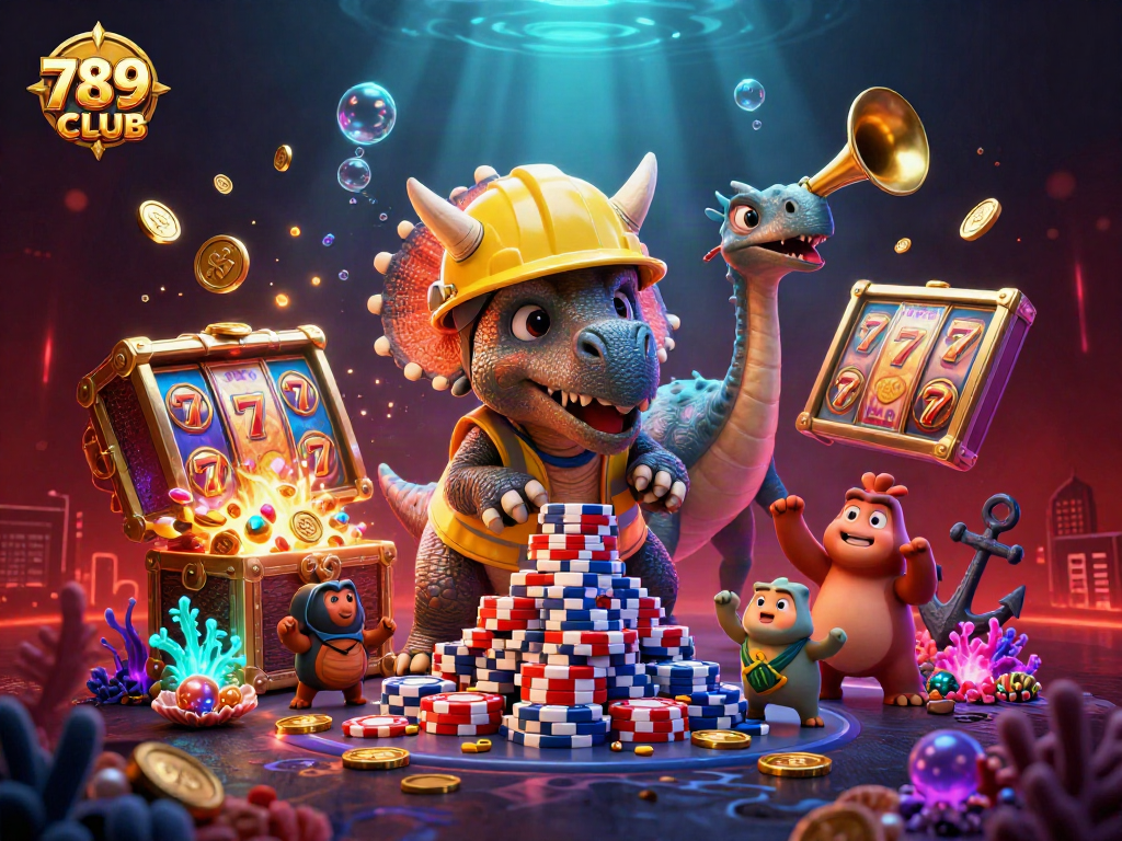 Immerse in 789CLUB's vibrant casino world with a lively scene of celebration, chips, and underwater treasures.
