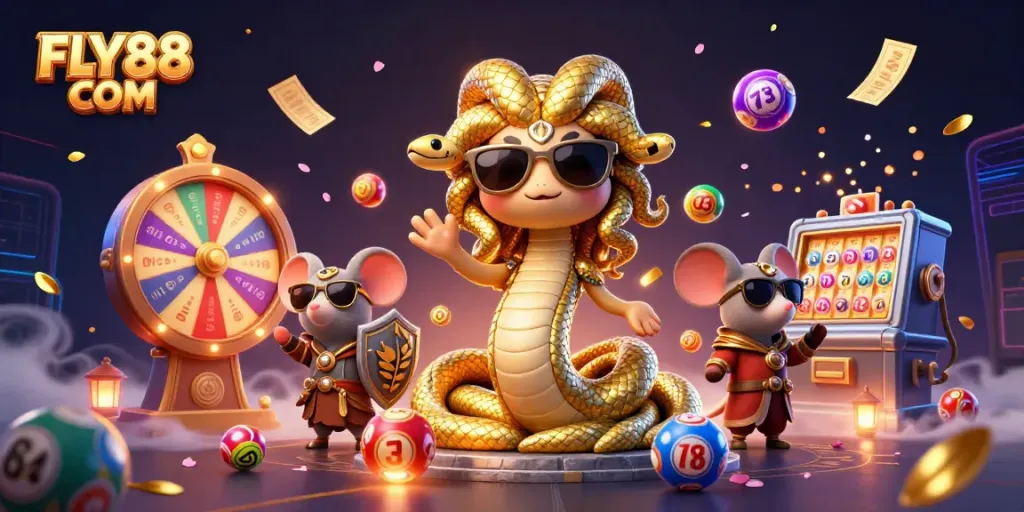Experience dynamic betting excitement with FLY88 COM, featuring vibrant lottery elements and engaging characters.