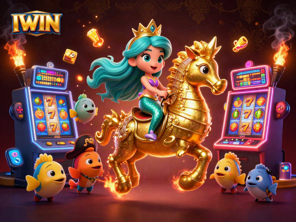 IWIN casino experience showcased through vibrant 3D slot machines and enchanting mermaid princess.