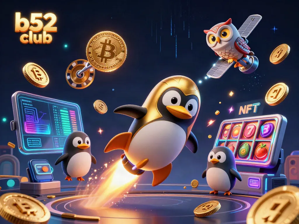 The b52 club sparks excitement with a golden penguin leading a thrilling casino journey in space.