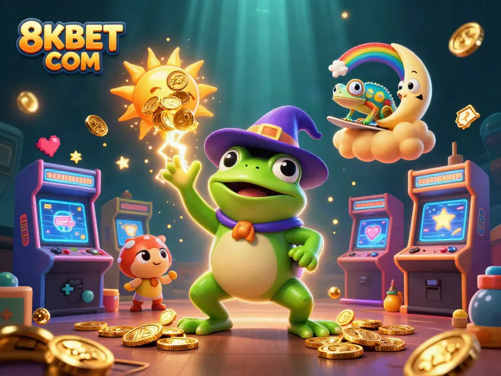 Experience the excitement of 8KBET COM with a colorful scene featuring gaming action and rewards.