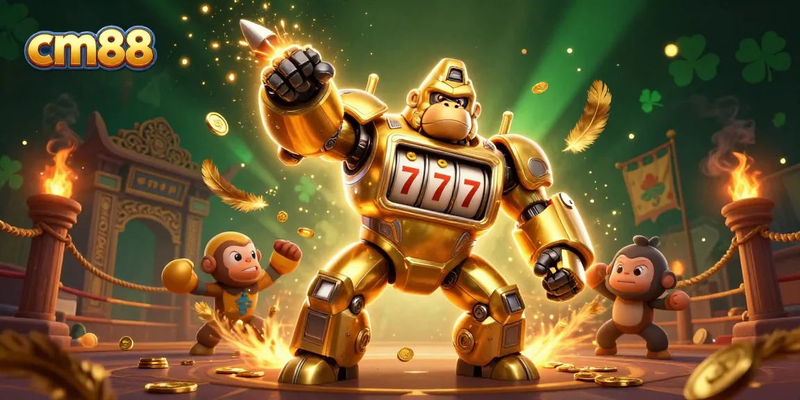 cm88 showcases a golden gorilla mech slot machine, exploding coins in a vibrant casino battlefield.