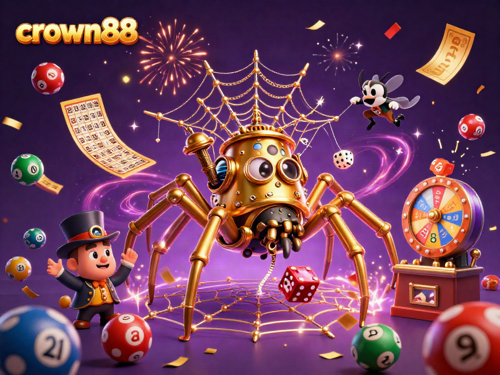 Crown88 showcases a vibrant digital illustration capturing the excitement of online gambling with dynamic elements.