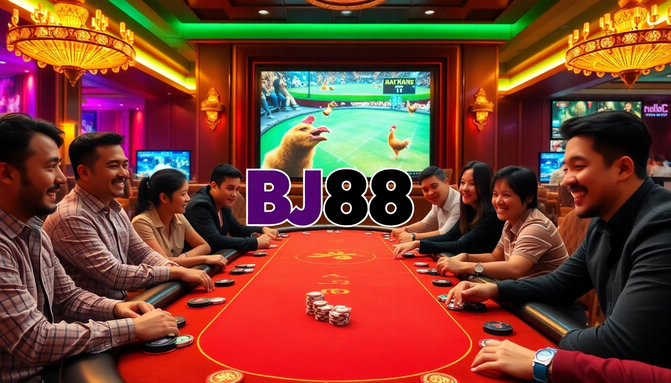 Experience intense gameplay at BJ88's luxurious poker tables, featuring high-stakes action and live cockfighting broadcasts.