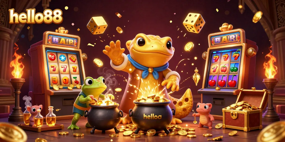 Play exciting games at hello88 with colorful slots and golden treasures in this vibrant casino scene.
