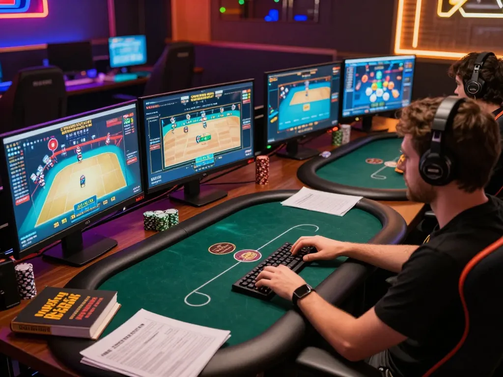 Nohu90 online poker strategy session showing intense gameplay and engagement in a modern setup.