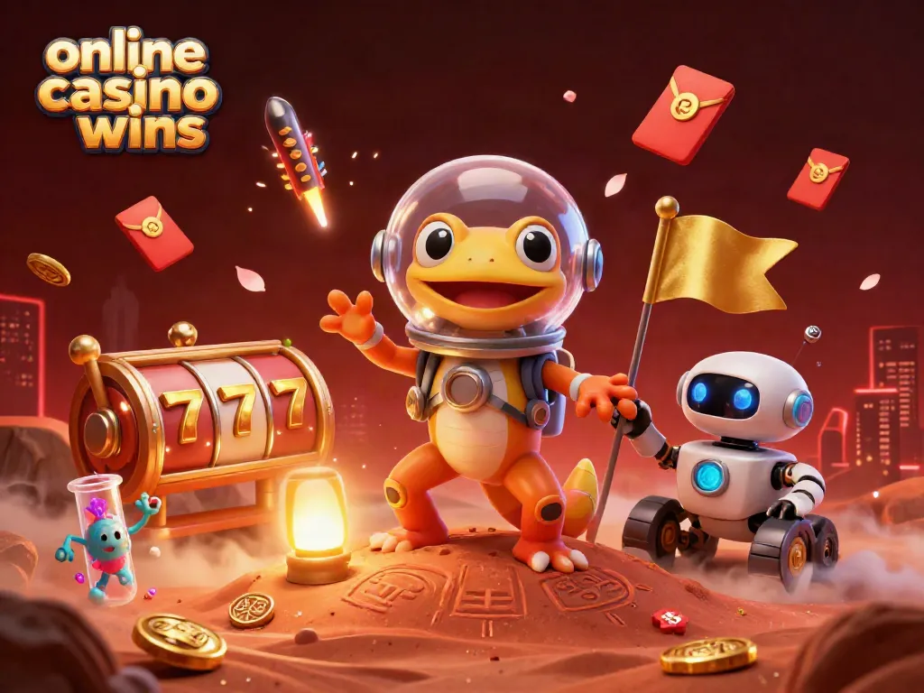 Experience thrilling online casino big wins with 3D cartoon characters discovering a golden casino on Mars.