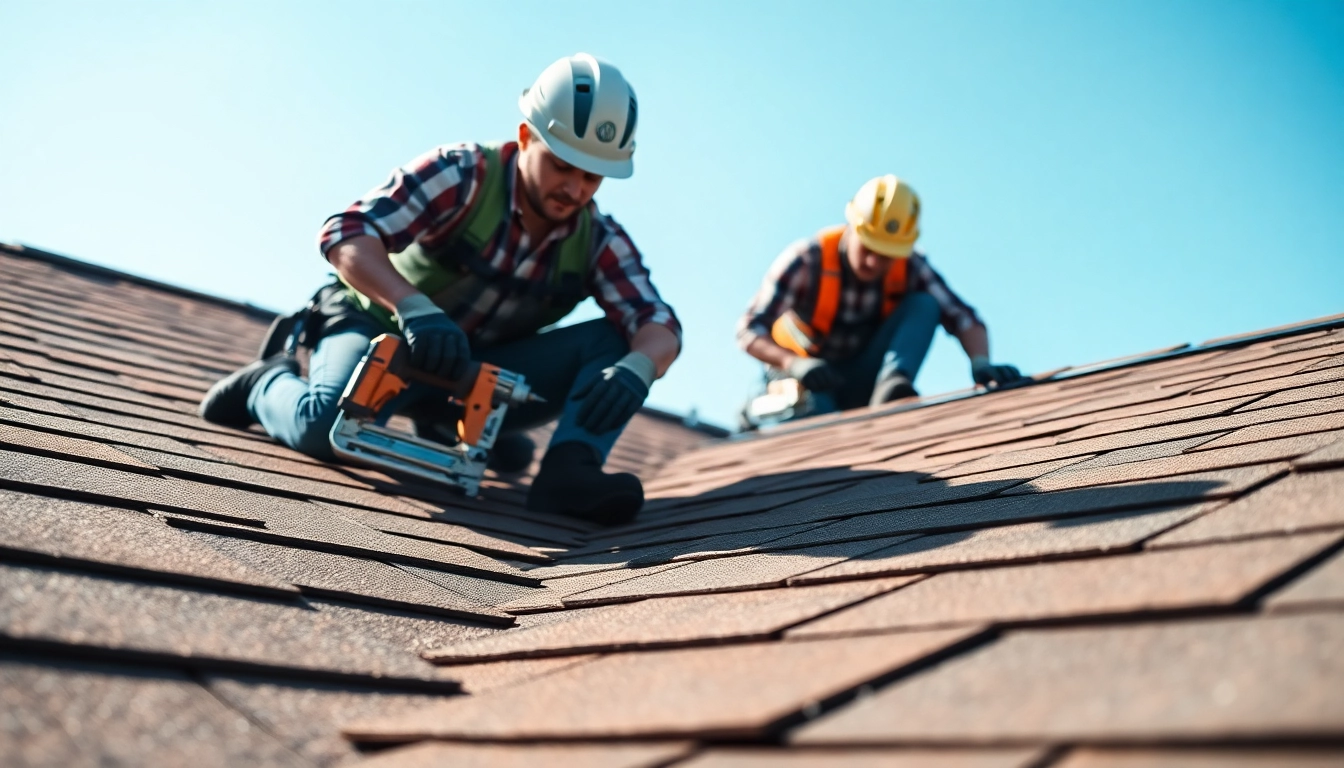 Roofing company team installing shingles on a residential roof.