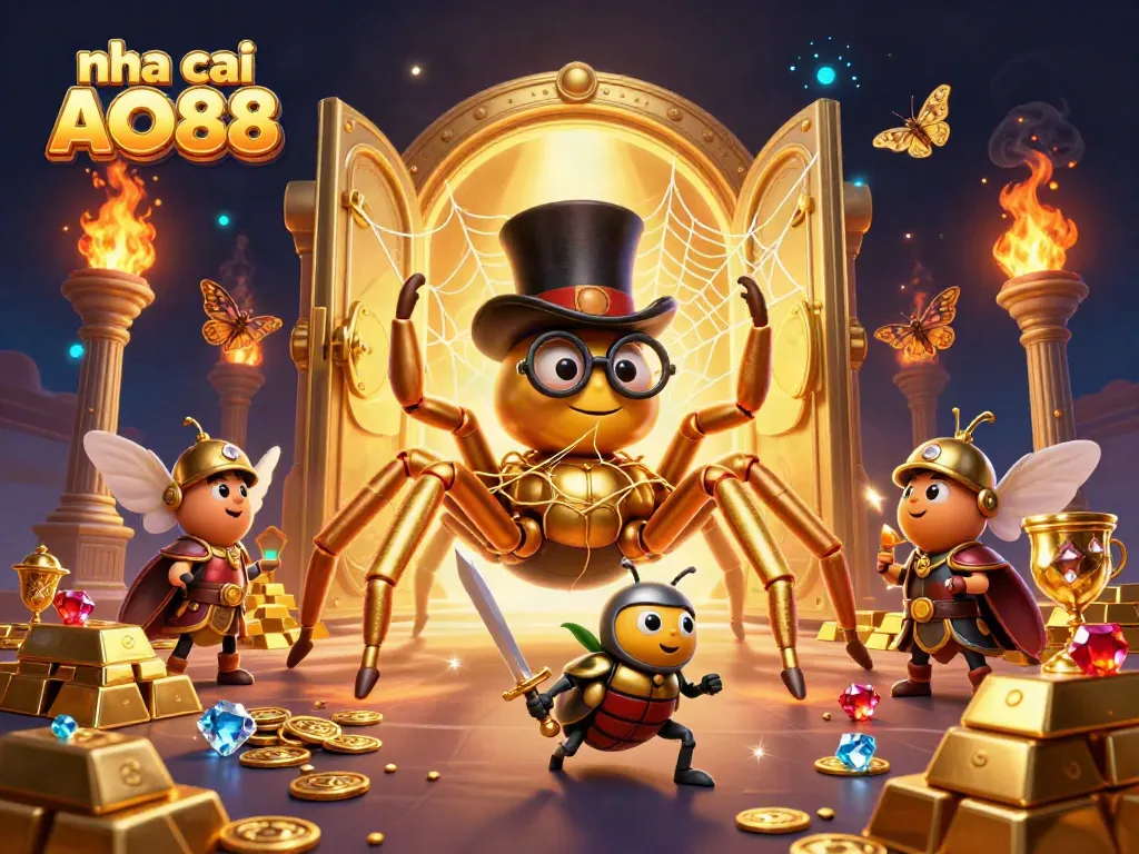 Experience thrilling games at nha cai AO88, where a golden tarantula spins fortune among treasures.