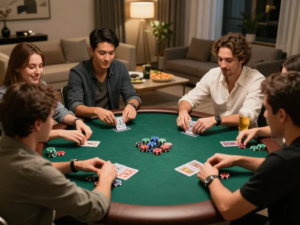 Engaged players at home poker night enjoying a strategic game, torxentertainment style atmosphere.